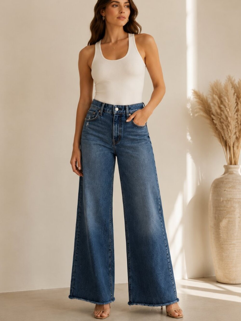 Good American Wide Leg Flare Jeans in Medium Blue